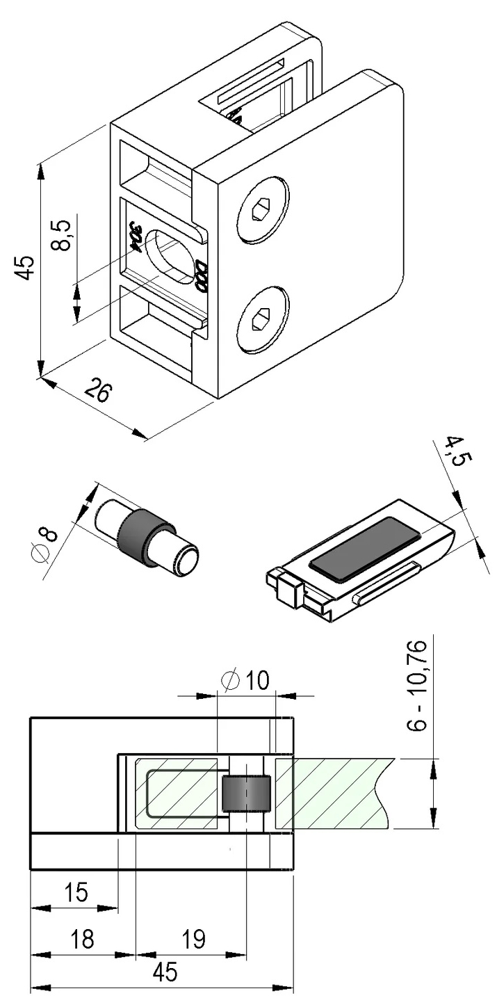 Quadratische Glasklemme mit Sicherungsplatte