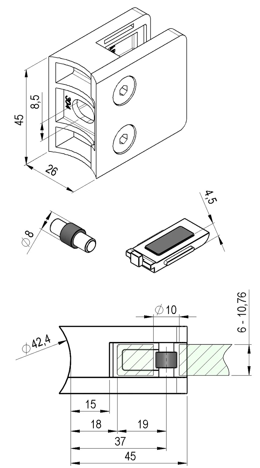 Glasklemme 45 x 45 mm mit Einlegeplatte