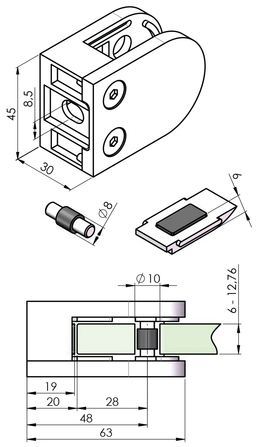 Glashalter mit Sicherungsplatte halbrund