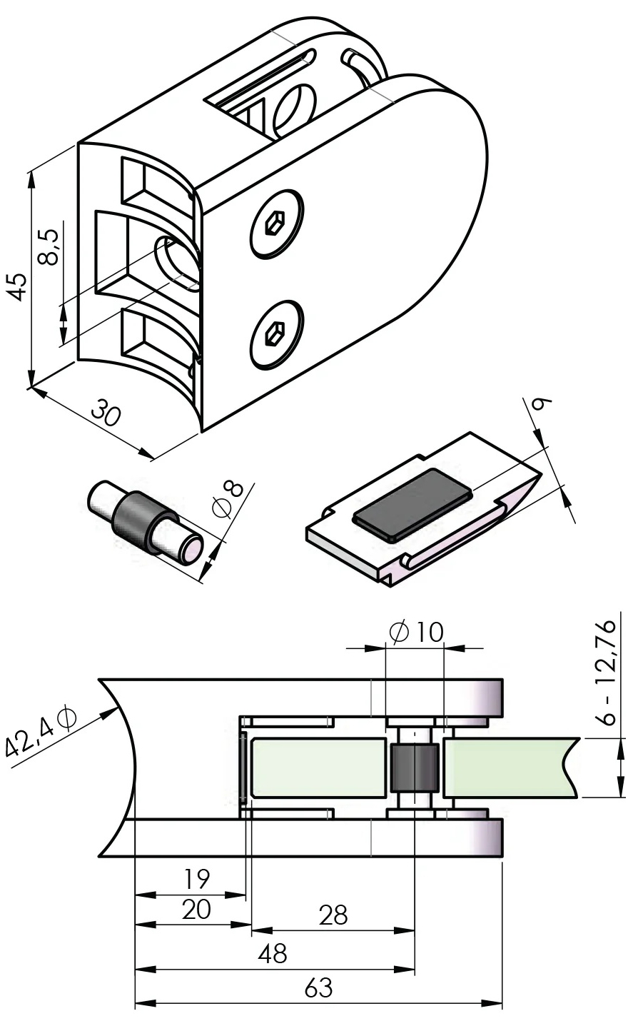 Glashalter für Rohr 42,4 mm mit Sicherungsplatte