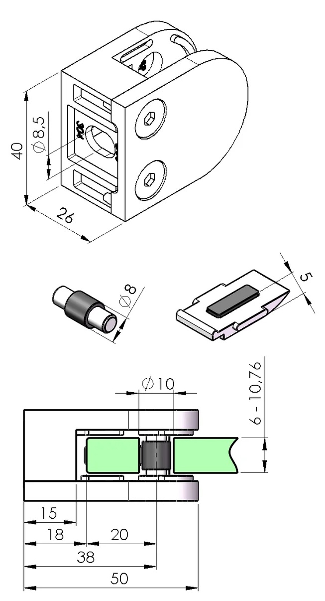 Glashalterung 50 x 40 mm mit Sicherungsplatte