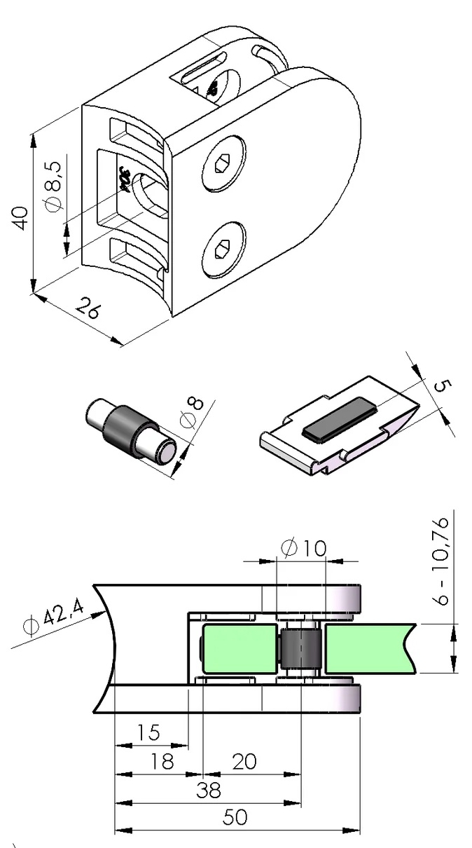 Glashalterung 50 x 40 mm mit Sicherungsplatte