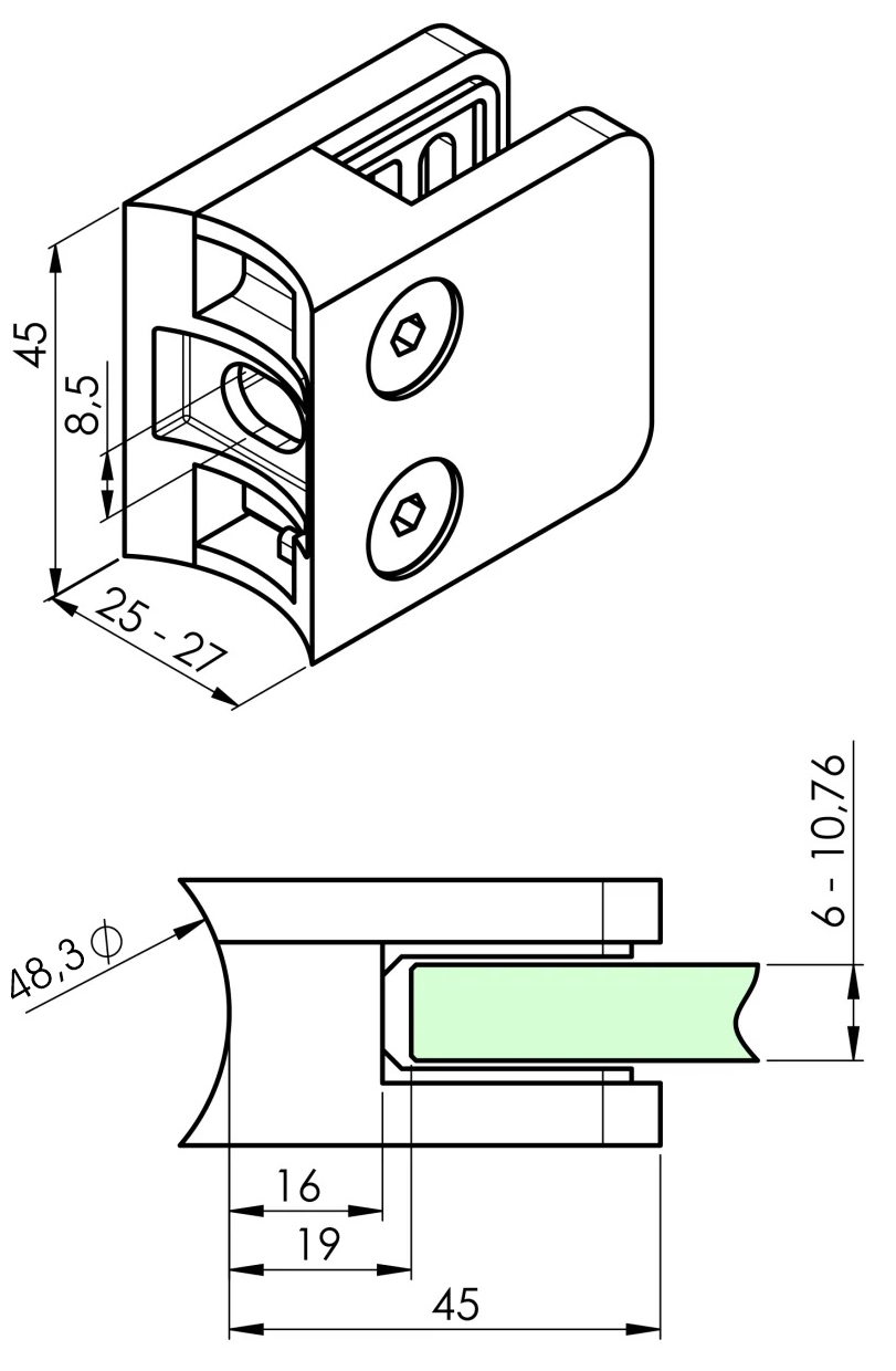 Glasklemme 45 x 45 mm eckig für Rohr 48,3 mm