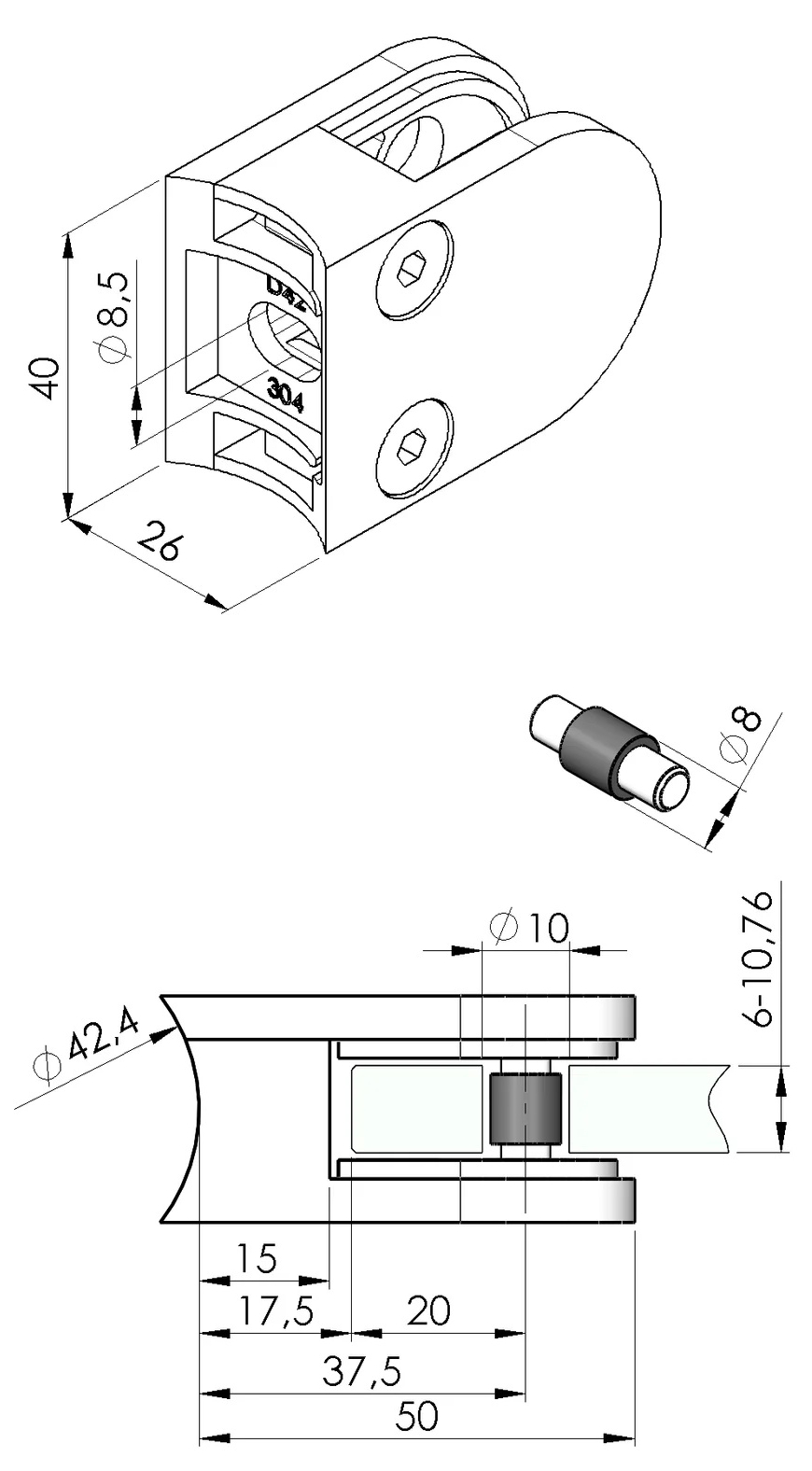 Glashalter 50 x 40 mm für Rohr 42,4 mm