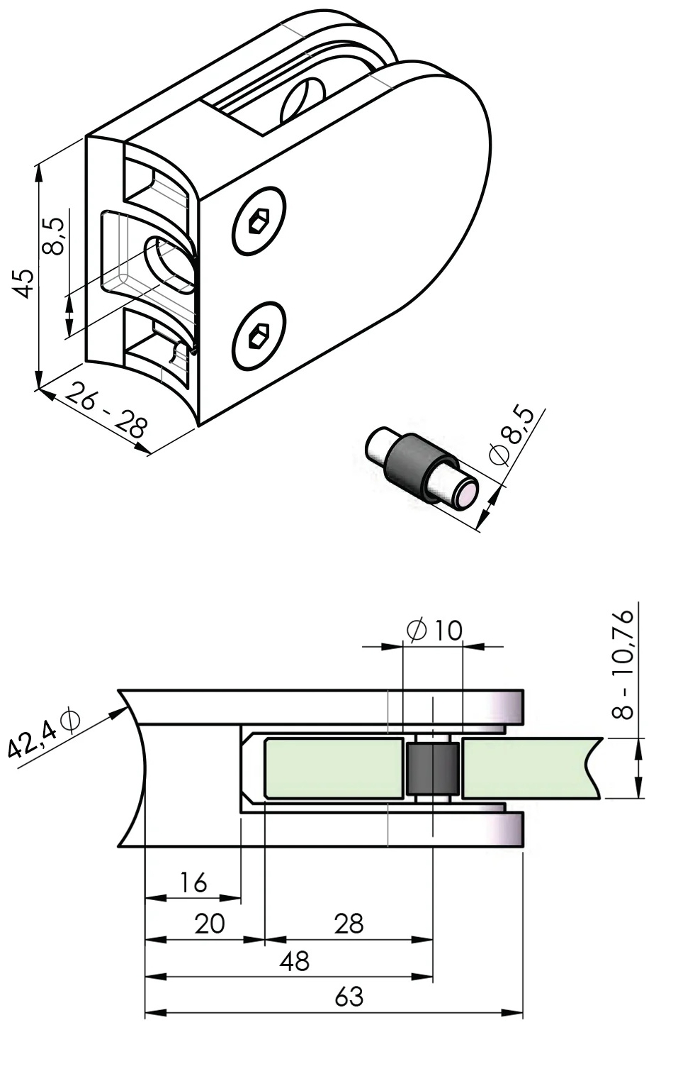 Glashalterung für Rohr 42,4 mm - mit Stift