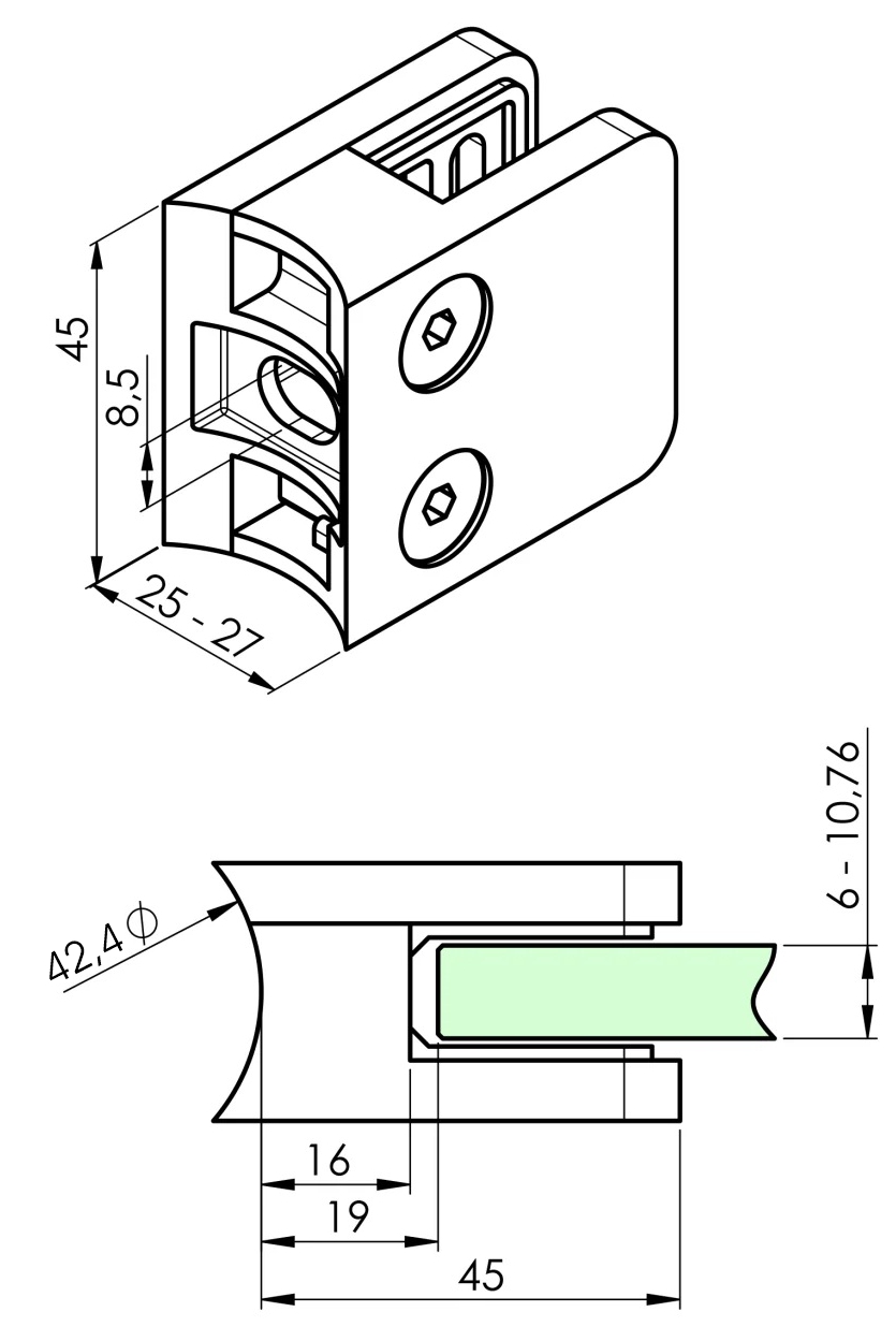 Glasklemme für Rohr 42,4 mm quadratisch