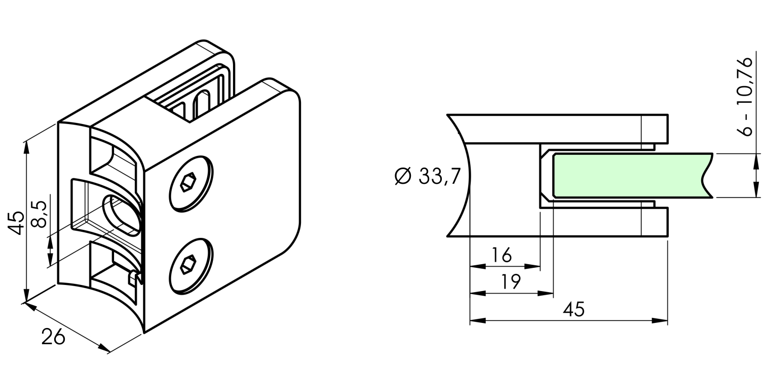 Glasklemme eckig für Glas 6 - 10,76mm