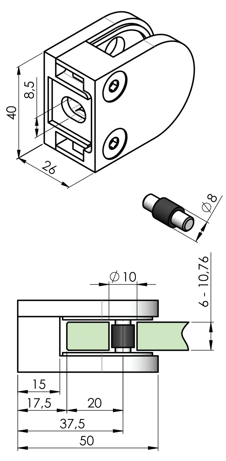 Glashalterung 50 x 40 mm mit Flachanschluss
