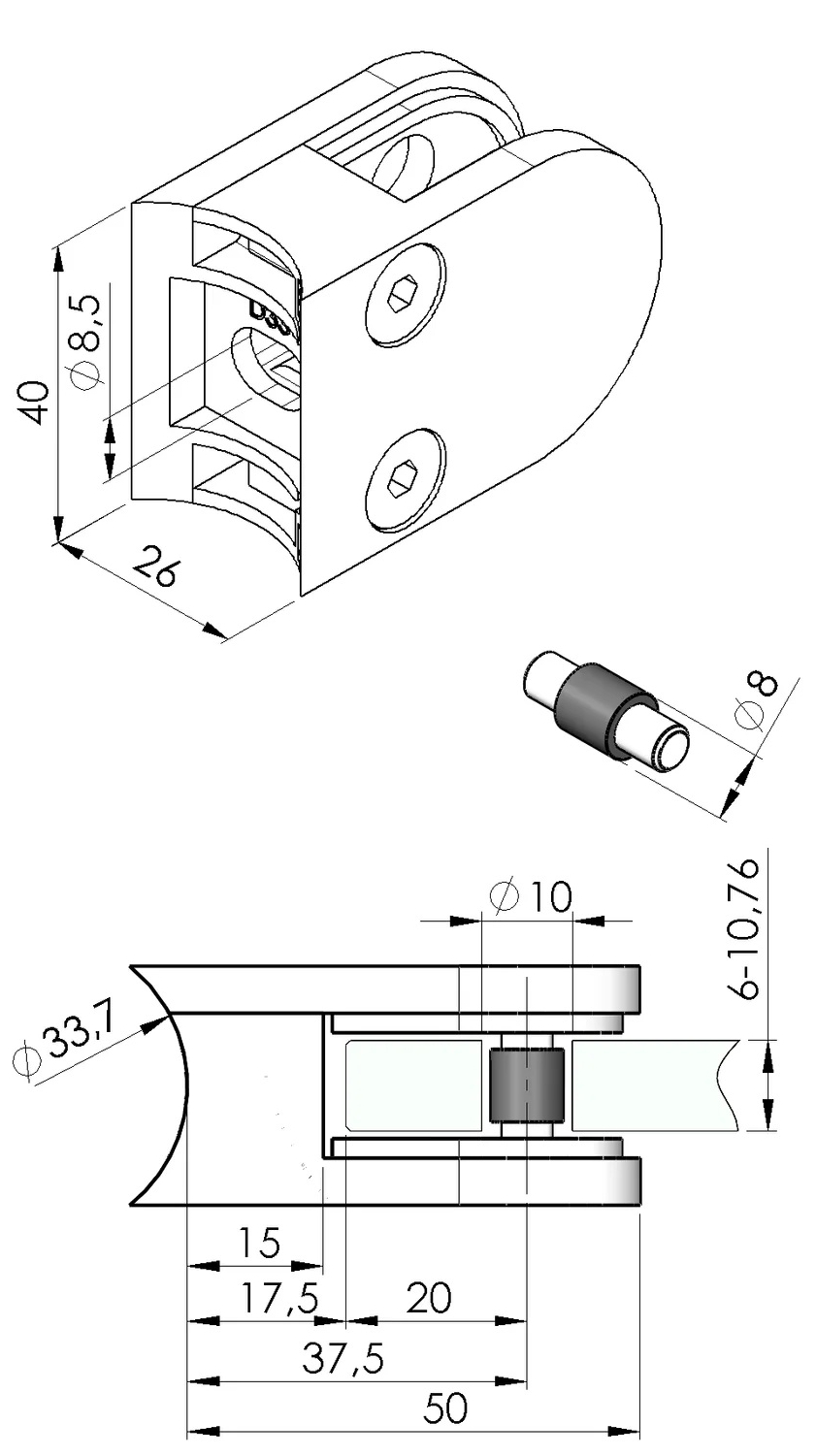 Glashalterung 50 x 40 mm für Rohr 33,7 mm