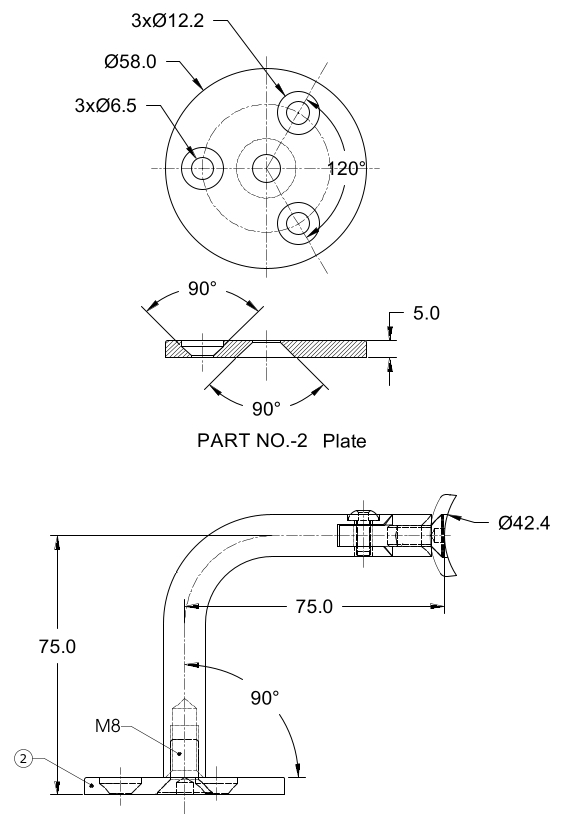 Handlaufhalter mit Anschraubplatte für Rohr 42,4 mm