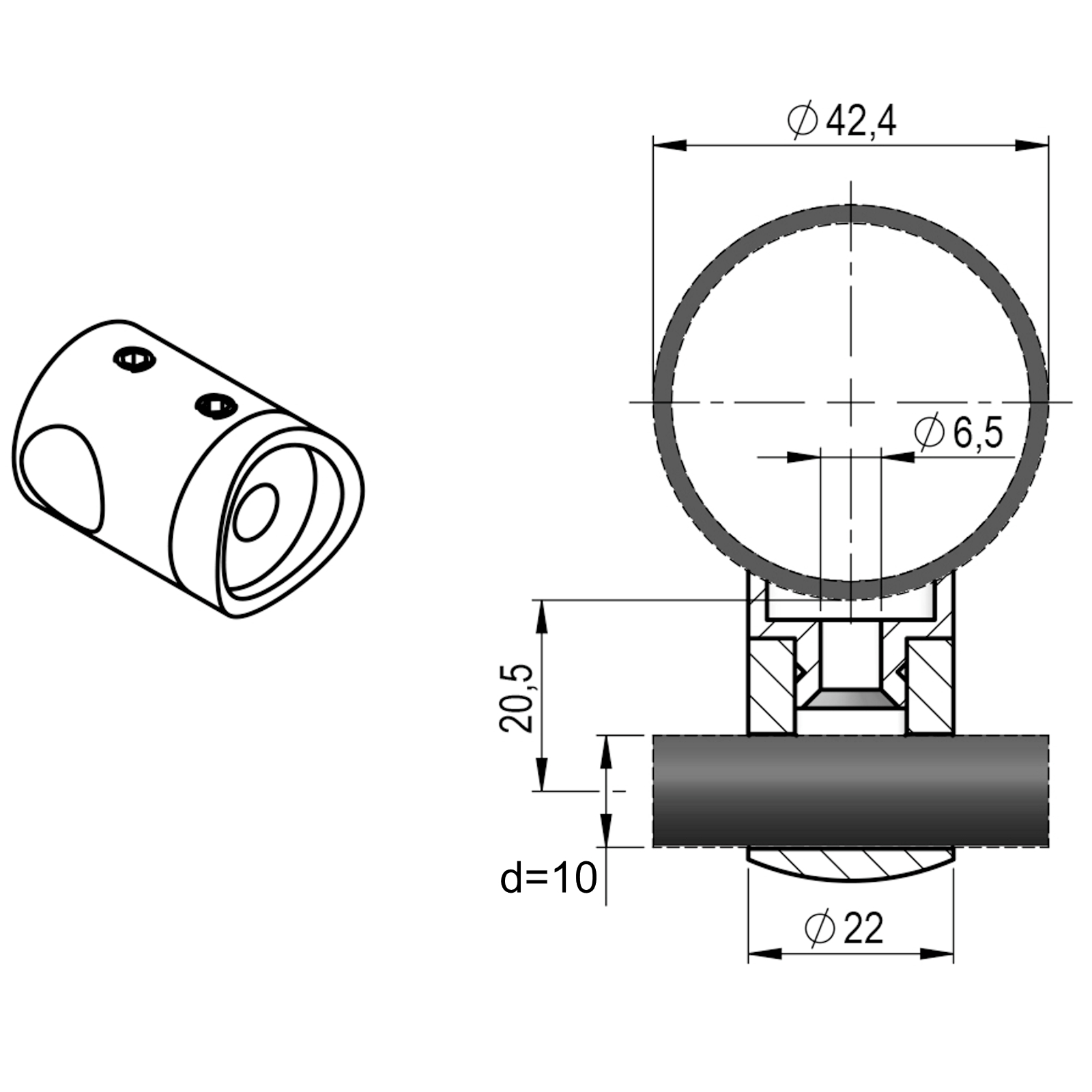 Querstabhalter mit Bohrung 10,2 mm für Rohr 42,4 mm